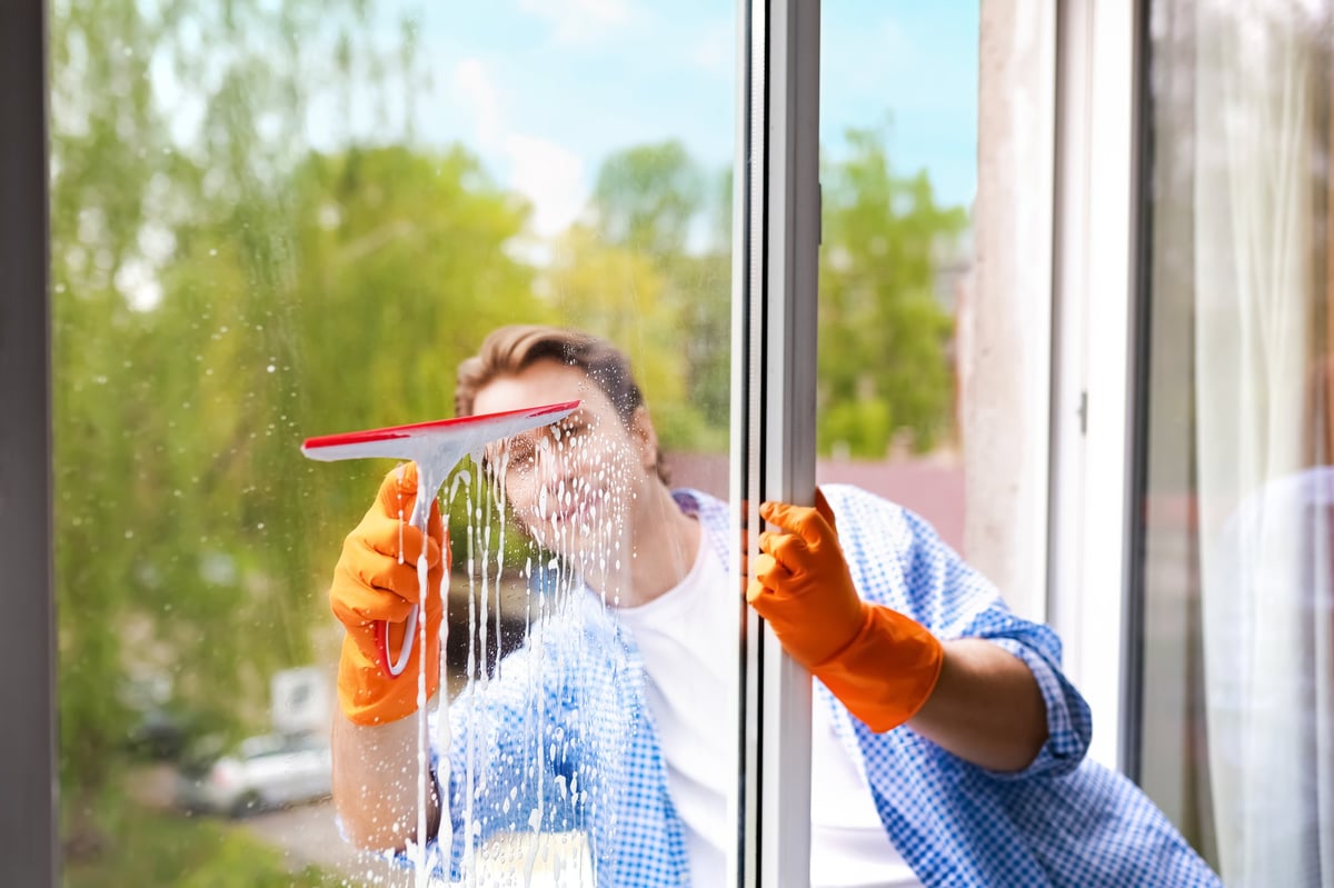 Homeowner's window being washed to a streak-free finish