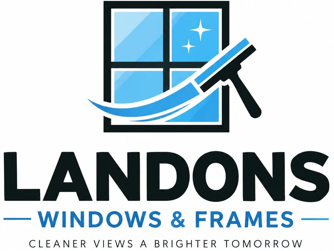 Landons Windows and Frames logo featuring window panes with a squeegee and tagline Cleaner Views a Brighter Tomorrow